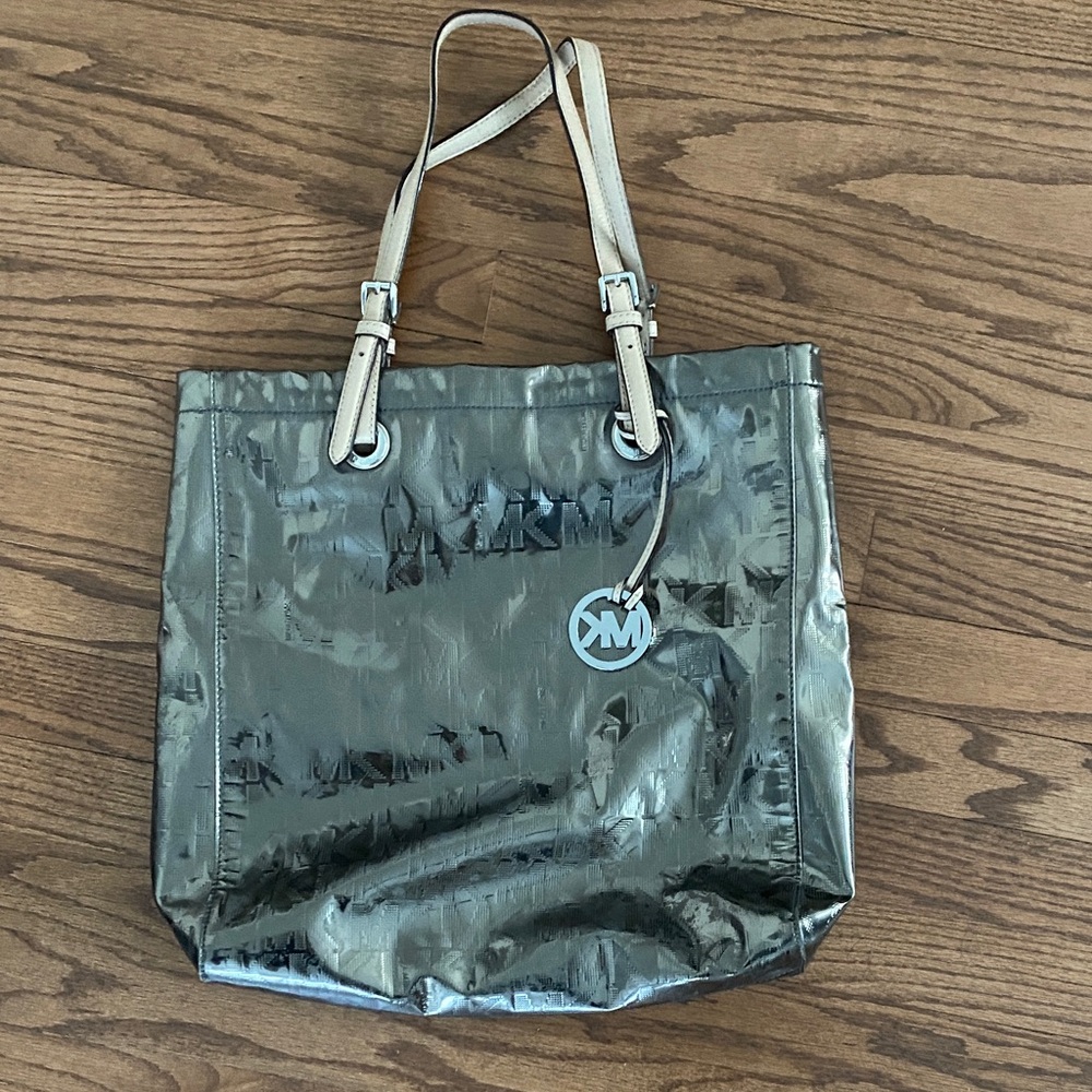 Michael Kors Metallic Silver Tote with Tan Handles